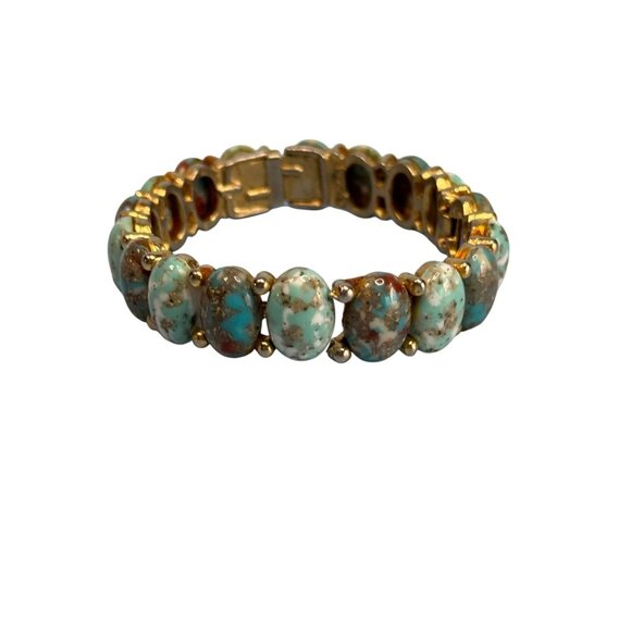 MCM HAR Designer Signed Turquoise Hinged Cuff Bracelet 6" Vintage Gold Tone Jewe - Picture 1 of 6